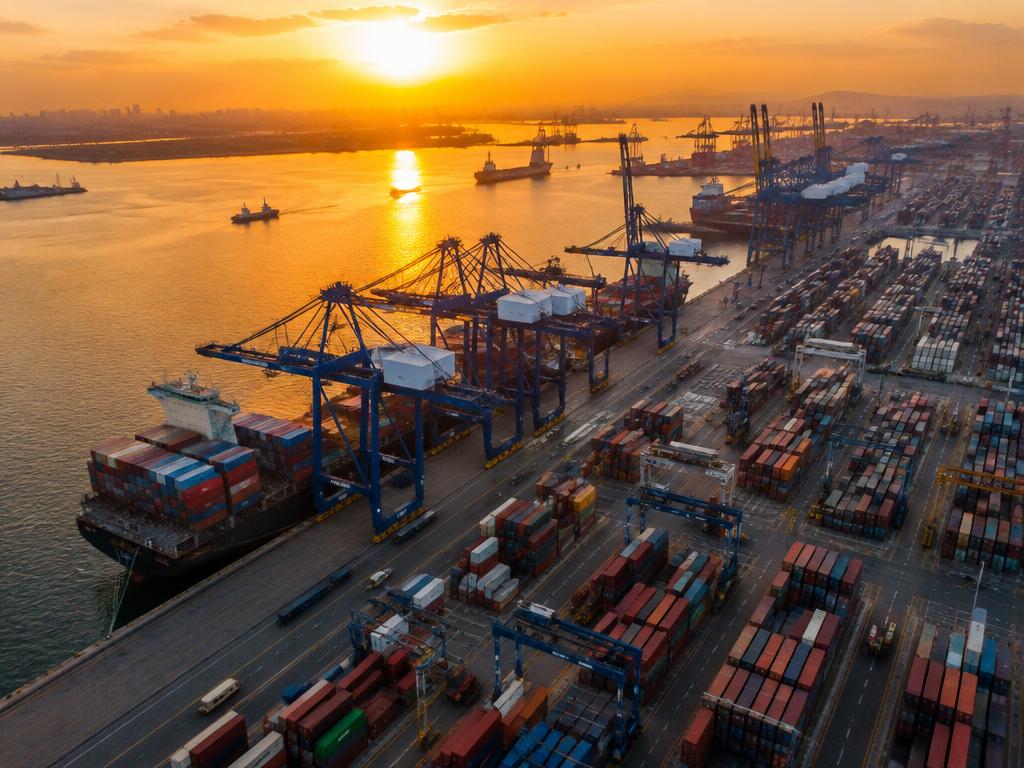 Container port at sunset